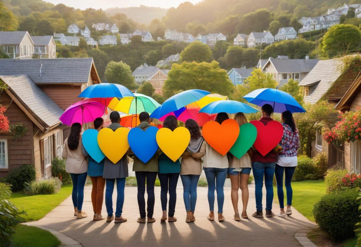 A warm and inviting scene depicting a diverse group of people from various cultures holding colorful heart-shaped shields, symbolizing love and protection. In the background, a serene landscape with a blend of urban and natural elements, showcasing insurance concepts like homes and assets safeguarded under a protective umbrella. The imagery should evoke emotions of safety and unity. vibrant colors. super-realistic.