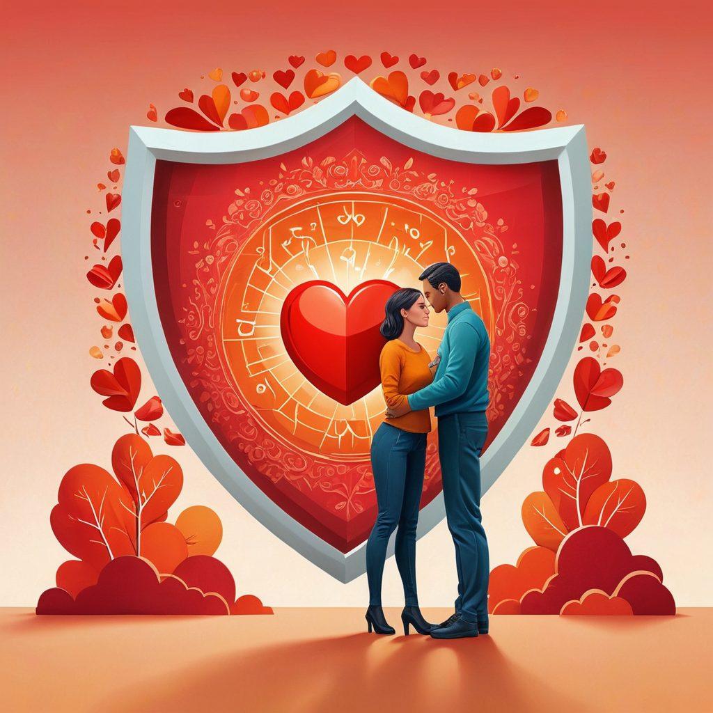 A serene split image showcasing the evolution of love to security; on one side, a couple sharing a joyful embrace amid a backdrop of heart motifs, transitioning into a modern, stylized illustration of a life insurance policy document surrounded by symbols of protection like a shield and hands. The color scheme should blend warm romantic tones with cool, reassuring hues. super-realistic. vibrant colors. 3D.