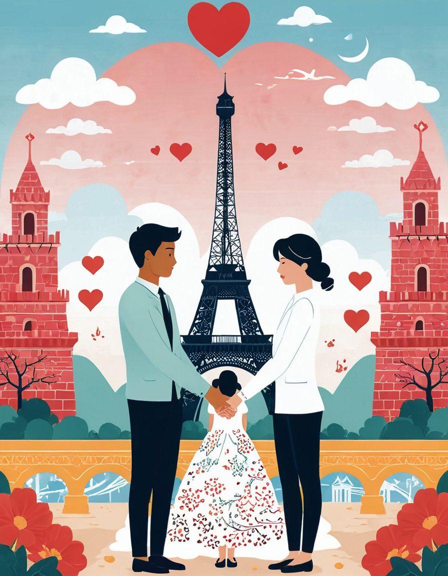 A whimsical illustration of a couple holding hands, intertwined with various global landmarks and icons of love (like hearts and wedding rings) and insurance symbols (like shields and policy documents). The scene should radiate warmth, showcasing a blend of cultural diversity and unity, symbolizing the importance of protecting both relationships and assets worldwide. The background should be a soft, dreamy sky with clouds, conveying hope and positivity. vibrant colors. vector art.